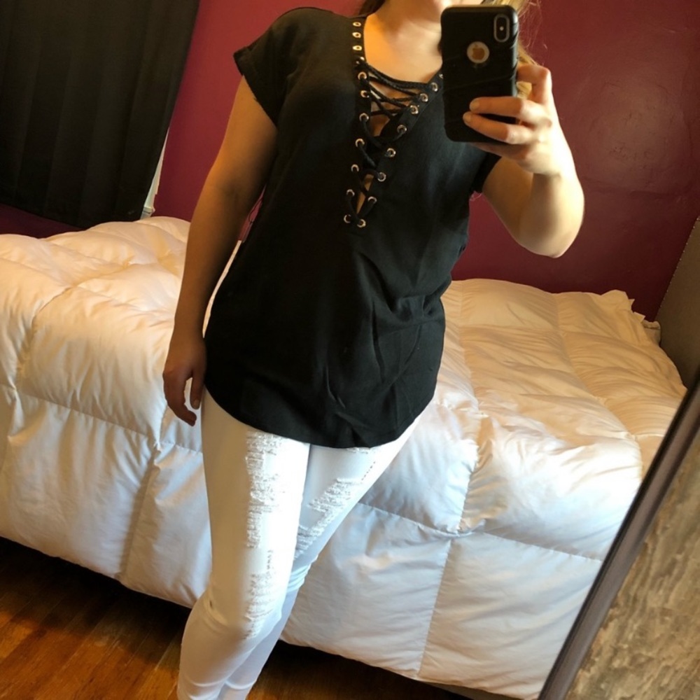 Womens gray french terry lace up short sleeve top - Picture 8 of 8